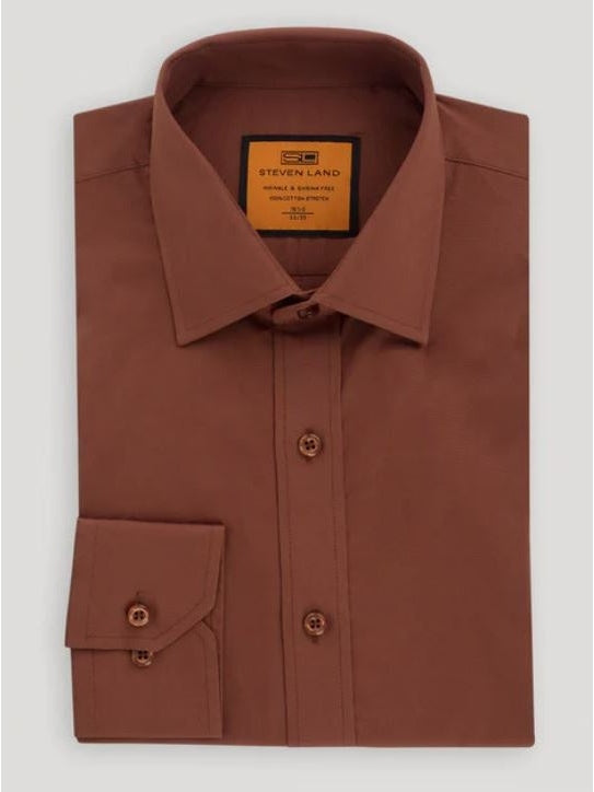 Steven Land Mens Solid Brown Spread Collar Wrinkle Free Stretch Cotton Dress Shirt, 19 / 34/35 Steven Land Mens Solid Brown Spread Collar Wrinkle Free Stretch Cotton Dress Shirt, 19 / 34/35