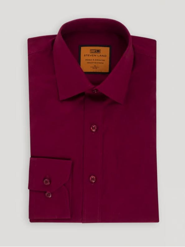 Steven Land Men's Solid Burgundy Spread Collar Wrinkle Free Stretch Co The Suit Depot Steven Land Men's Solid Burgundy Spread Collar Wrinkle Free Stretch Co The Suit Depot