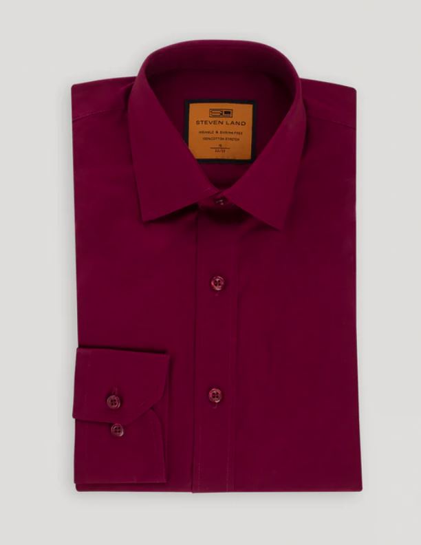 Steven Land Men's Solid Burgundy Spread Collar Wrinkle Free Cotton Dress Shirt