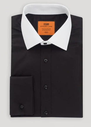 Steven Land Black Contrast Collar French Cuff Cotton Poplin Dress Shirt