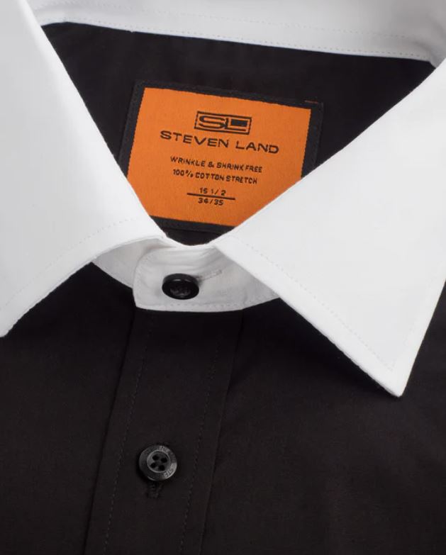 Steven Land Black Contrast Collar French Cuff Cotton Poplin Dress Shirt