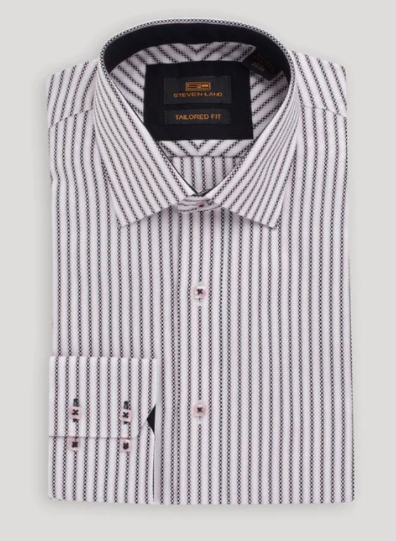 Steven Land Mens Classic Fit Black & Pink Striped 100% Cotton Dress Shirt