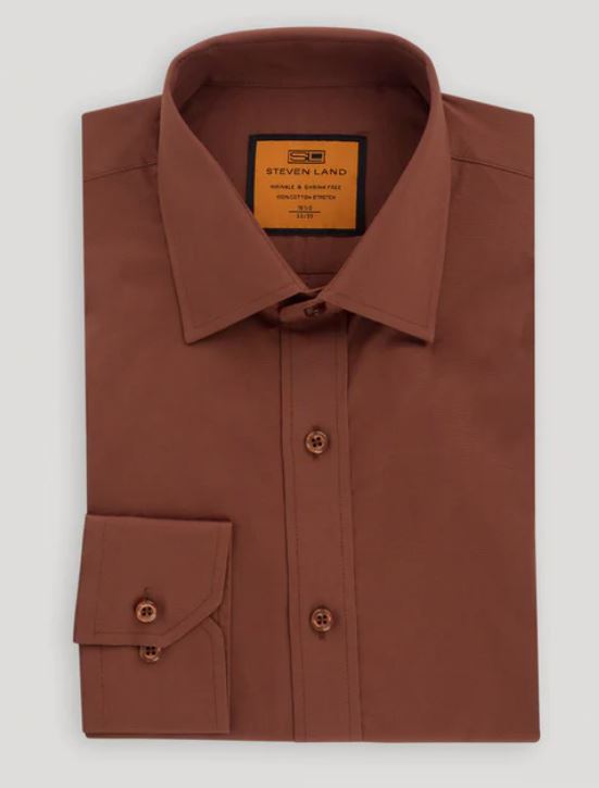 Steven Land Mens Solid Brown Spread Collar Wrinkle Free Cotton Dress Shirt