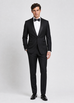 Mazara Mens Solid Black Shawl Lapel Classic Fit Wool One-Button Formal Tuxedo Suit.