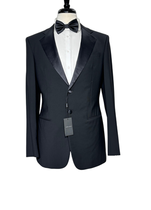 Giorgio Armani Mens Solid Black Fully-Canvassed Satin Notch Lapel Slim Fit 2-Button Wool Tuxedo - 40L