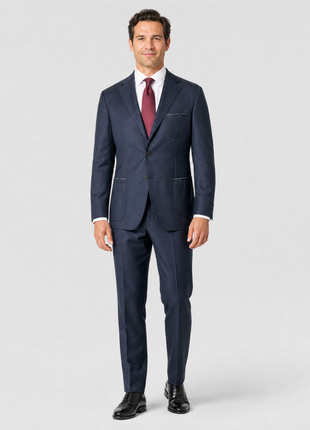 Sartoria Partenopea Mens Solid Dark Blue Notch Lapel Slim Fit 3-Button Wool Suit With Patch Pockets- 46R