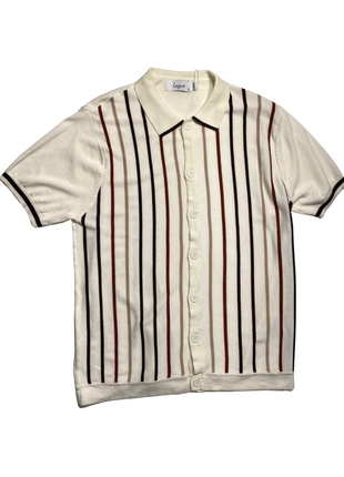 Lavane Mens Cream Striped Cotton Rayon Blend Knit Button-Up Polo Casual Shirt