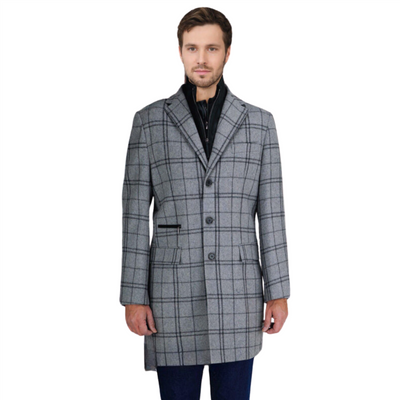 Label E Mens Gray Plaid 3 Button Wool Blend 3/4 Length Overcoat