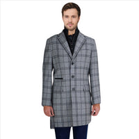 Thumbnail for Label E Mens Gray Plaid 3 Button Wool Blend 3/4 Length Overcoat
