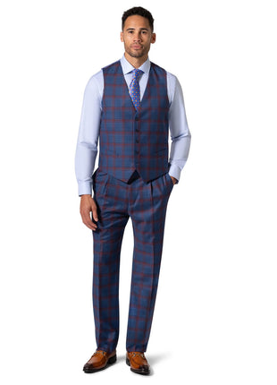 Beragamo Elegant Men Blue Plaid Classic Fit 100% Wool 3 Piece Suit & Peak Lapels