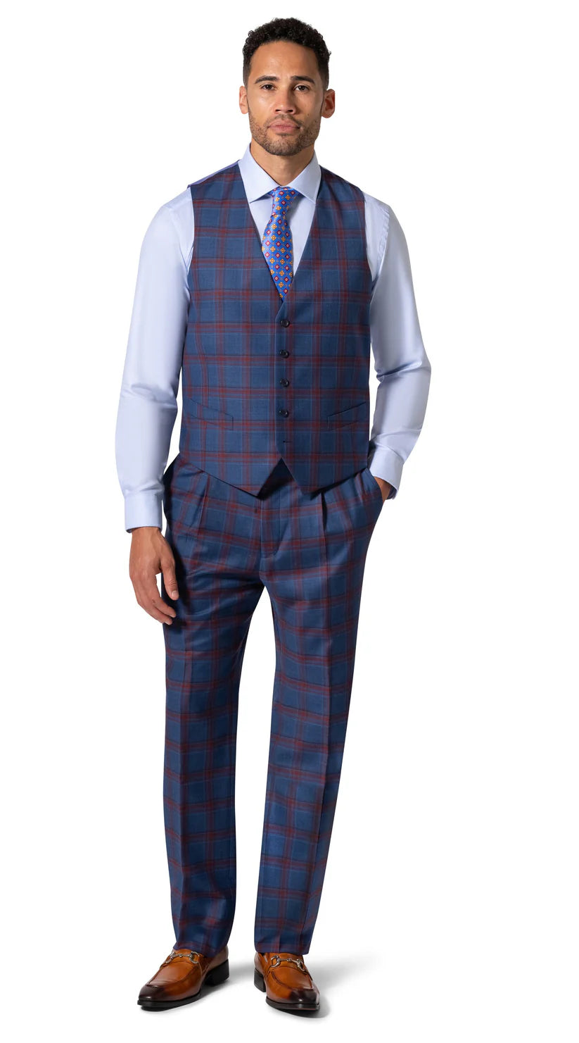 Beragamo Elegant Men Blue Plaid Classic Fit 100% Wool 3 Piece Suit & Peak Lapels