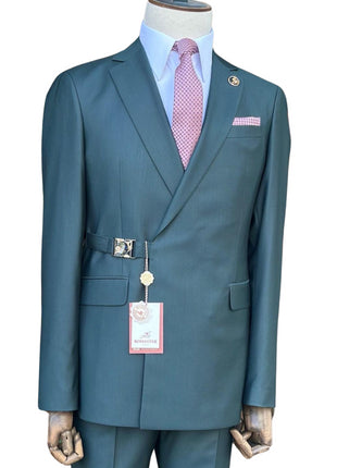 Pierre Carlos Solid Green Slim Fit Double Breasted Stretch Suit with Buckle Closure
