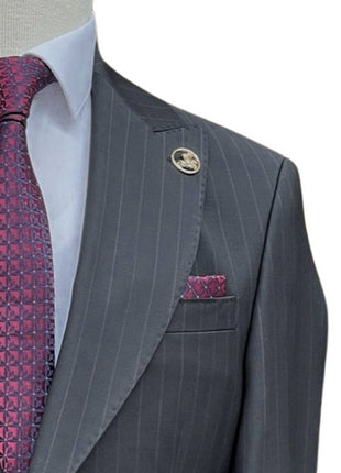 Romaster Men’s Black Pinstripe Slim Fit Peak Lapels Stretch Wool Suit