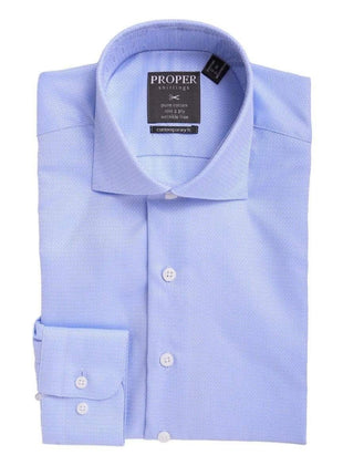 Mens Slim Fit Blue Textured Spread Collar Cotton Dress Shirt