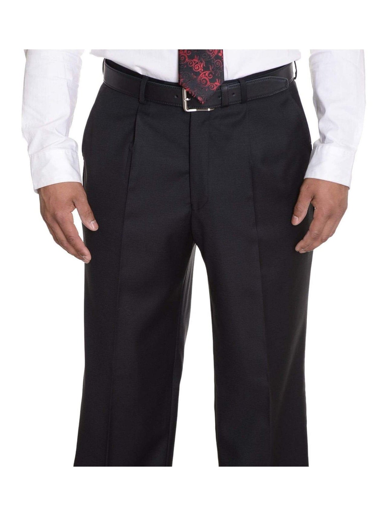 Solid Black Single Pleated Wrinkle Resistant Wool Dress Pants