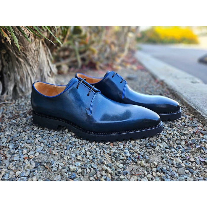 Carrucci Mens Navy Blue Lace Up Oxford Leather Dress Shoes with Lug Sole 11 D