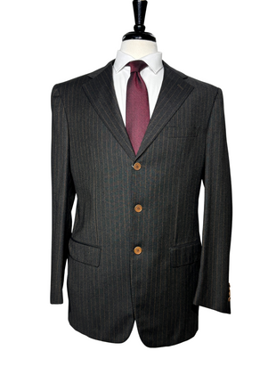 Sartoria Partenopea Mens Dark Green Stripe Tweed Notch Lapel Classic Fit 3-Button Wool Suit - 42L