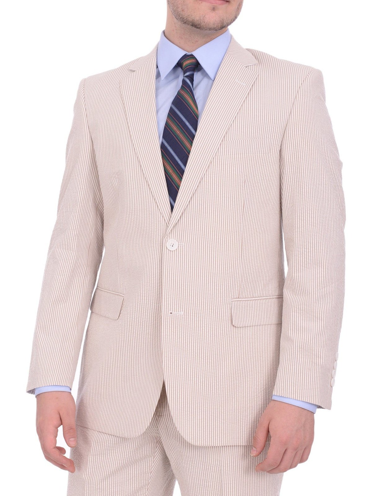 Emigre BLAZERS Emigre Classic Fit Tan Pinstriped Two Button Cotton Seersucker Blazer