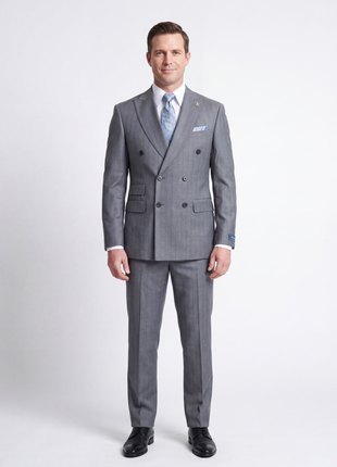 Romaster Mens Grey & Blue Pinstriped Double Breasted Stretch Wool Suit