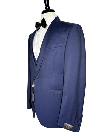 Corneliani Mens Solid Navy Fully-Canvassed Shawl Lapels Slim Fit 3-Piece Wool Tuxedo - 42R