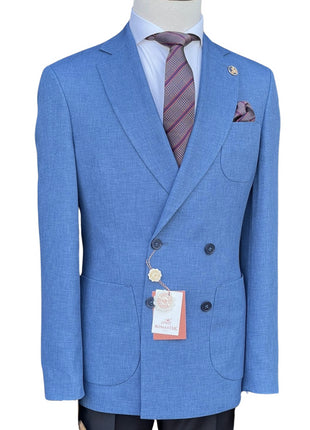 Romaster Mens Double Breasted Blue Slim Fit Stretch Wool Blend Blazer Sportcoat