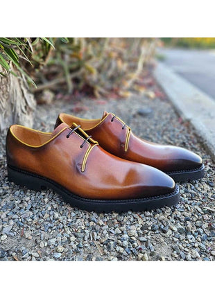 Carrucci Mens Cognac Brown Lace-up Oxford Leather Dress Shoes With Lug Sole