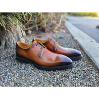 Thumbnail for Carrucci Mens Cognac Brown Lace-up Oxford Leather Dress Shoes With Lug Sole