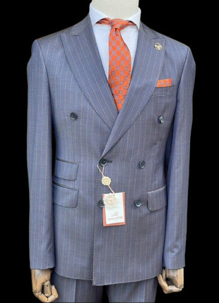 Romaster Mens Navy Blue & Brown Pinstriped Double Breasted Stretch Wool Suit