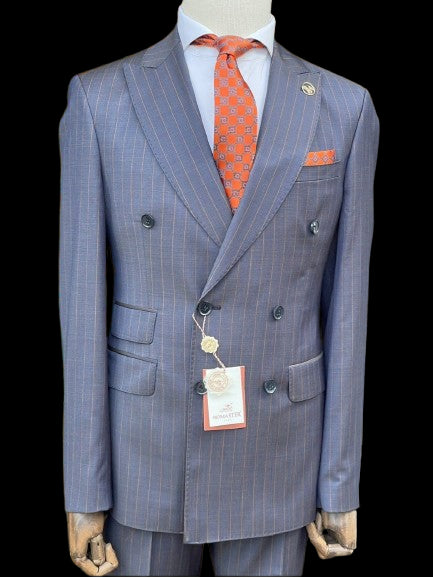 Romaster Mens Navy Blue & Brown Pinstriped Double Breasted Stretch Wool Suit
