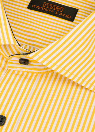 Steven Land Mens Marigold Yellow Striped 100% Cotton French Cuff Dress Shirt