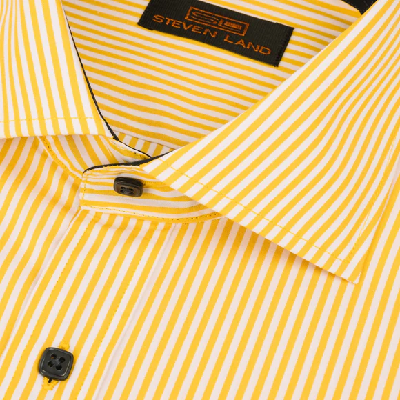 Steven Land Mens Marigold Yellow Striped 100% Cotton French Cutaway Co The Suit Depot Steven Land Mens Marigold Yellow Striped 100% Cotton French Cutaway Co The Suit Depot