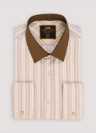 Steven Land Mens Brown Striped 100% Cotton French Cuff Spread Collar Dress Shirt