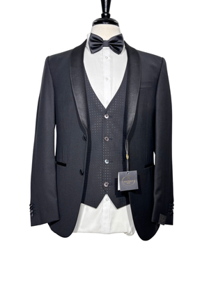 Corneliani Mens Black Mixed Pattern Fully-Canvassed Shawl Lapel Slim Fit 3-Piece Wool Tuxedo - 38R