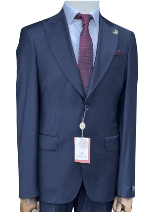 Romaster Mens Navy Pinstriped Slim Fit Peak Lapels Stretch Wool Suit