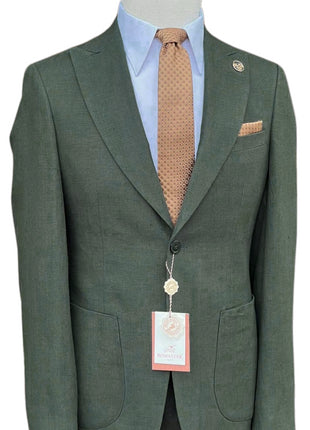 Romaster Mens Green Slim Fit Linen Blend Blazer Sportcoat With Patch Pockets