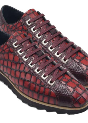 Carrucci Mens Burgundy Crocodile-Embossed Leather Sneakers