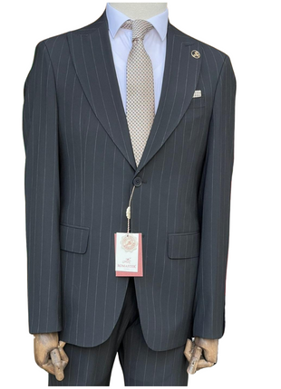 Romaster Men’s Black Pinstripe Slim Fit Peak Lapels Stretch Wool Blend Suit