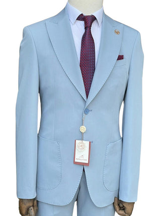 Romaster Men’s Solid Light Blue Slim Fit Peak Lapels Stretch Wool Suit
