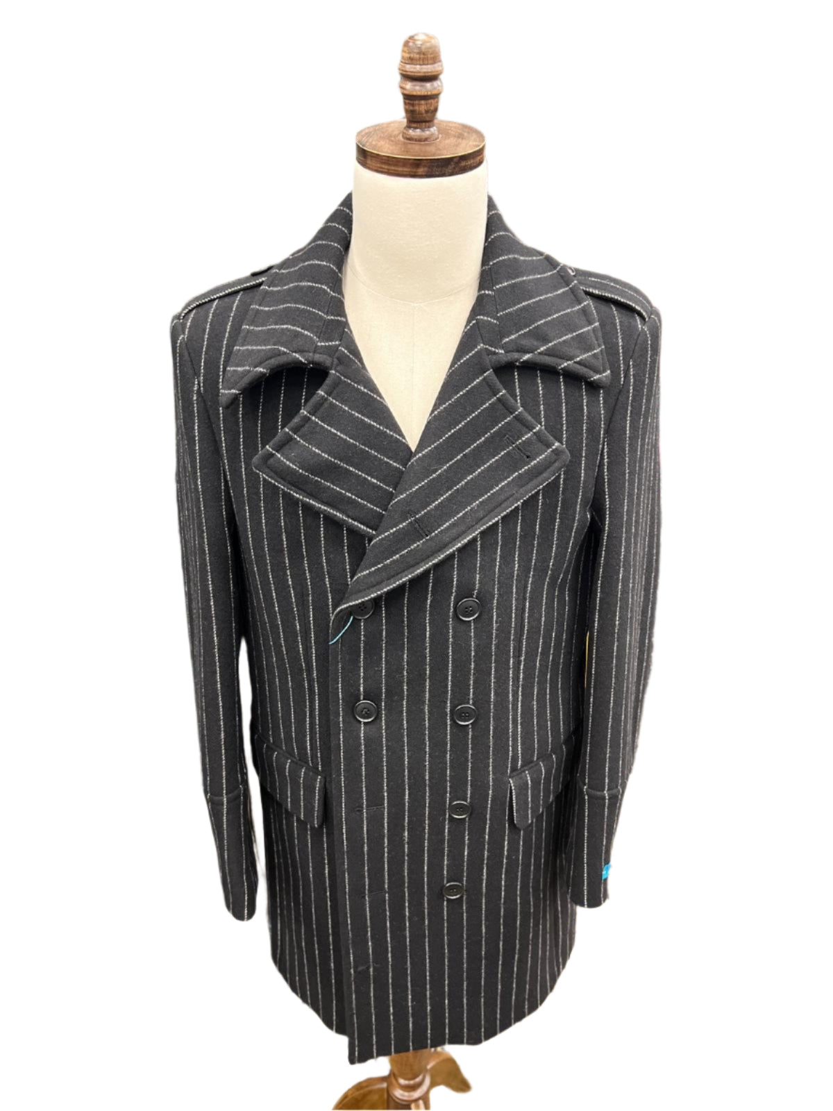 Canuti By Steven Land Mens Black Striped Double Breasted 100% Wool Overcoat