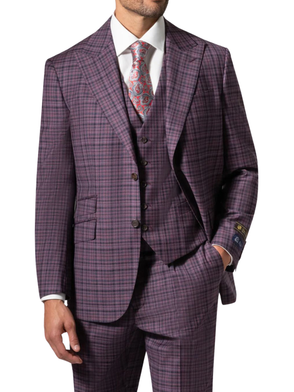 Beragamo Elegant Mens Purple Plaid Modern Fit 100% Wool Piece
