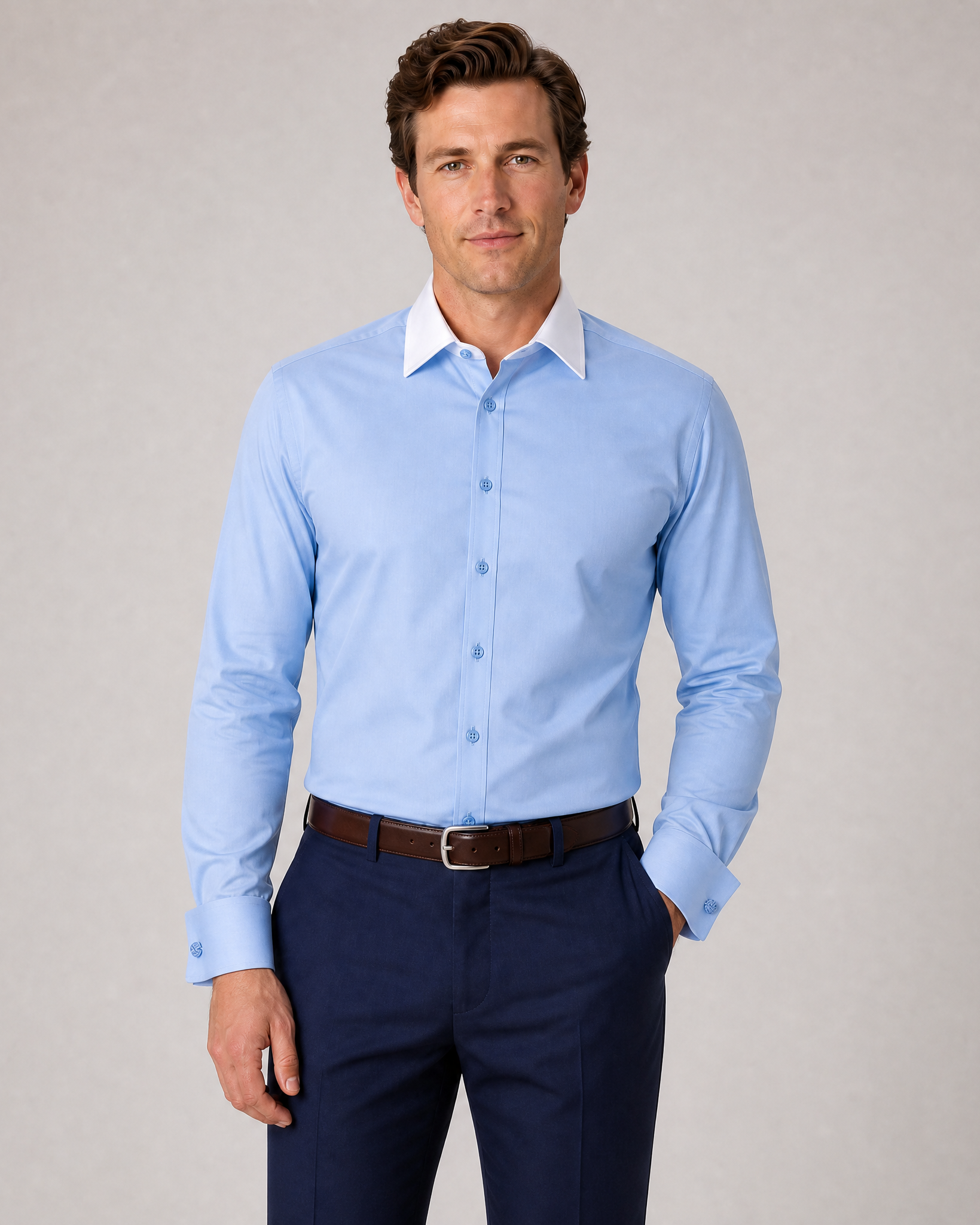 Steven Land Solid Light Blue Contrast Spread Collar Classic Fit French Cuff Cotton Stretch Dress Shirt, 18 1/2 / 36/37