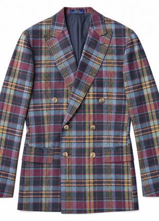 Polo Ralph Lauren Mens Multicolor Madras Plaid Peak Lapel Custom Fit Double-Breasted Cotton Suit - 40L