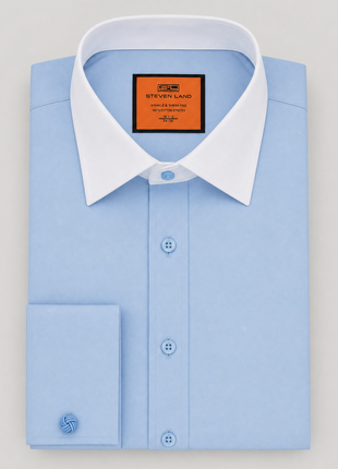 Steven Land Solid Light Blue Contrast Spread Collar Classic Fit French Cuff Cotton Stretch Dress Shirt