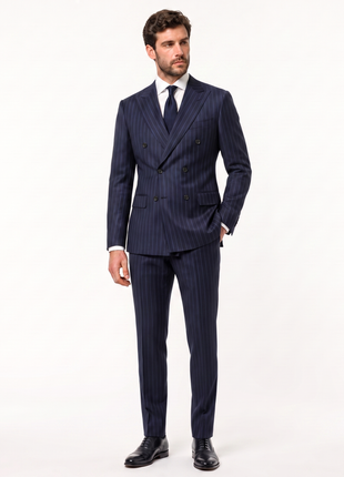 Mazara Mens Dark Navy Pinstriped Slim Fit Double Breasted Wool Suit