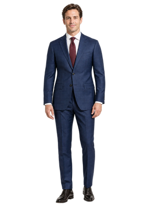 Sartoria Mazara Blue Plaid Windowpane Slim Fit Notch Lapel Wool blend 2 button Suit