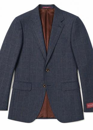 Mazara Mens Blue Plaid With Brown Windowpane Slim Fit Notch Lapel Wool 2-Button Suit