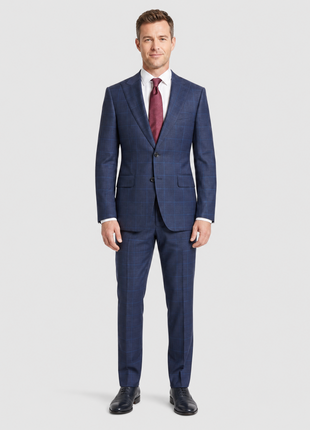 Sartoria Mazara Blue Plaid Windowpane Slim Fit Peak Lapel Wool 2-Button Suit