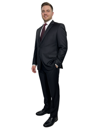 Format Solid Black Notch Lapel Classic Fit 2-Button Wool Blend Suit - 48R