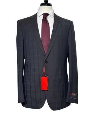 Bartorelli Napoli Mens Dark Charcoal Windowpane Notch Lapel Slim Fit 2-Button Wool Suit  - 44L