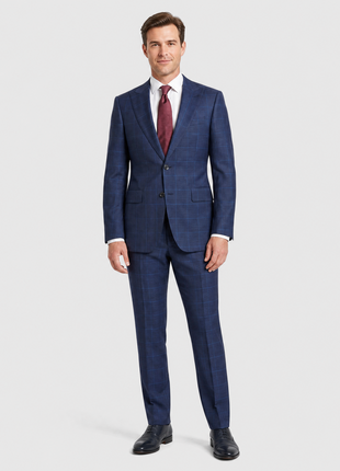 Sartoria Mazara Blue Plaid Windowpane Classic Fit Peak Lapel 2-Button Wool Suit